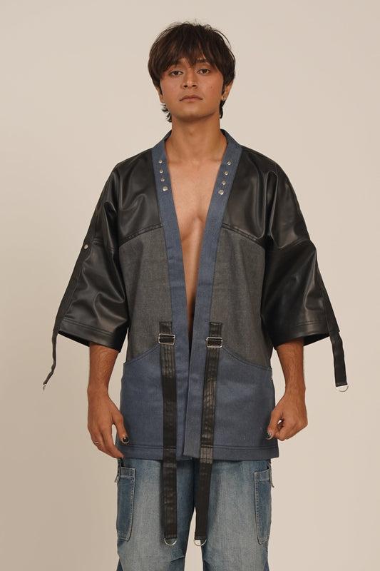Shogun’s Armor Kimono Faux Leather Shirt-Jacket (Blue & Grey Denim)