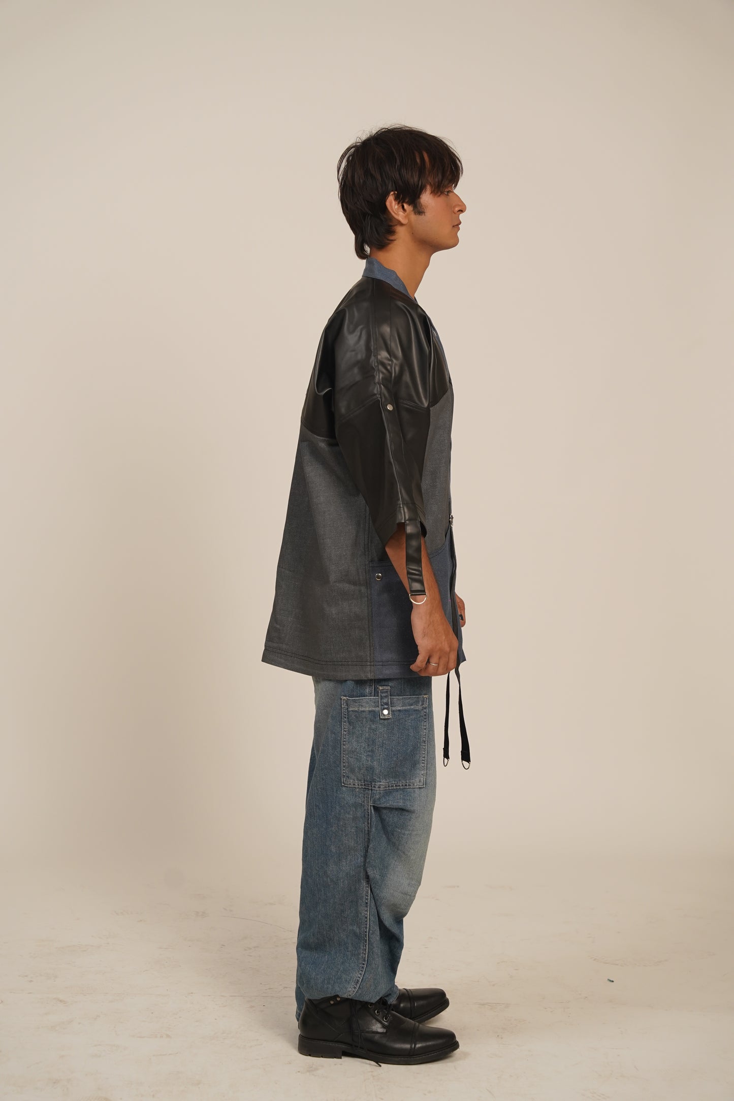Shogun’s Armor Kimono Faux Leather Shirt-Jacket (Blue & Grey Denim)