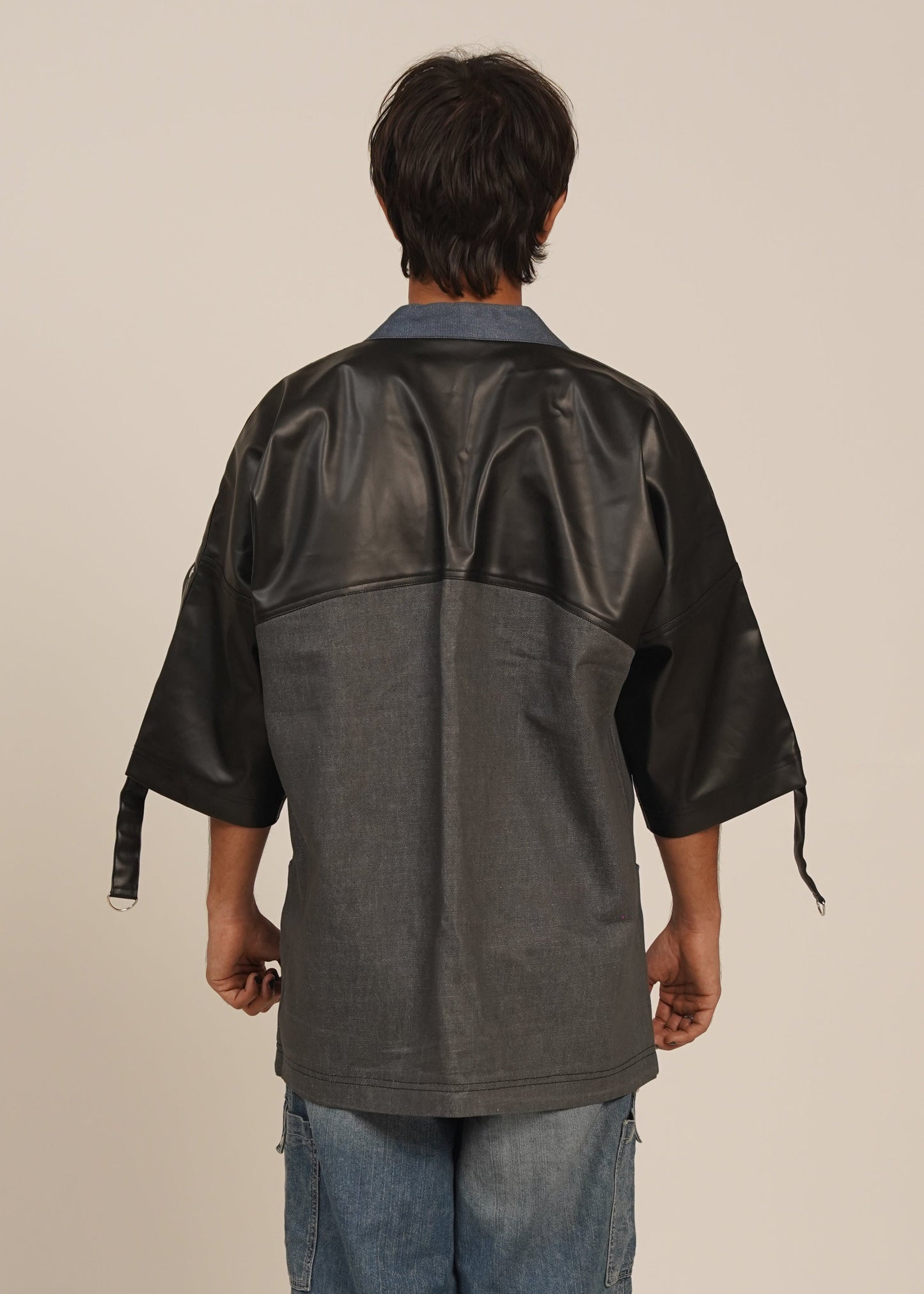 Shogun’s Armor Kimono Faux Leather Shirt-Jacket (Blue & Grey Denim)