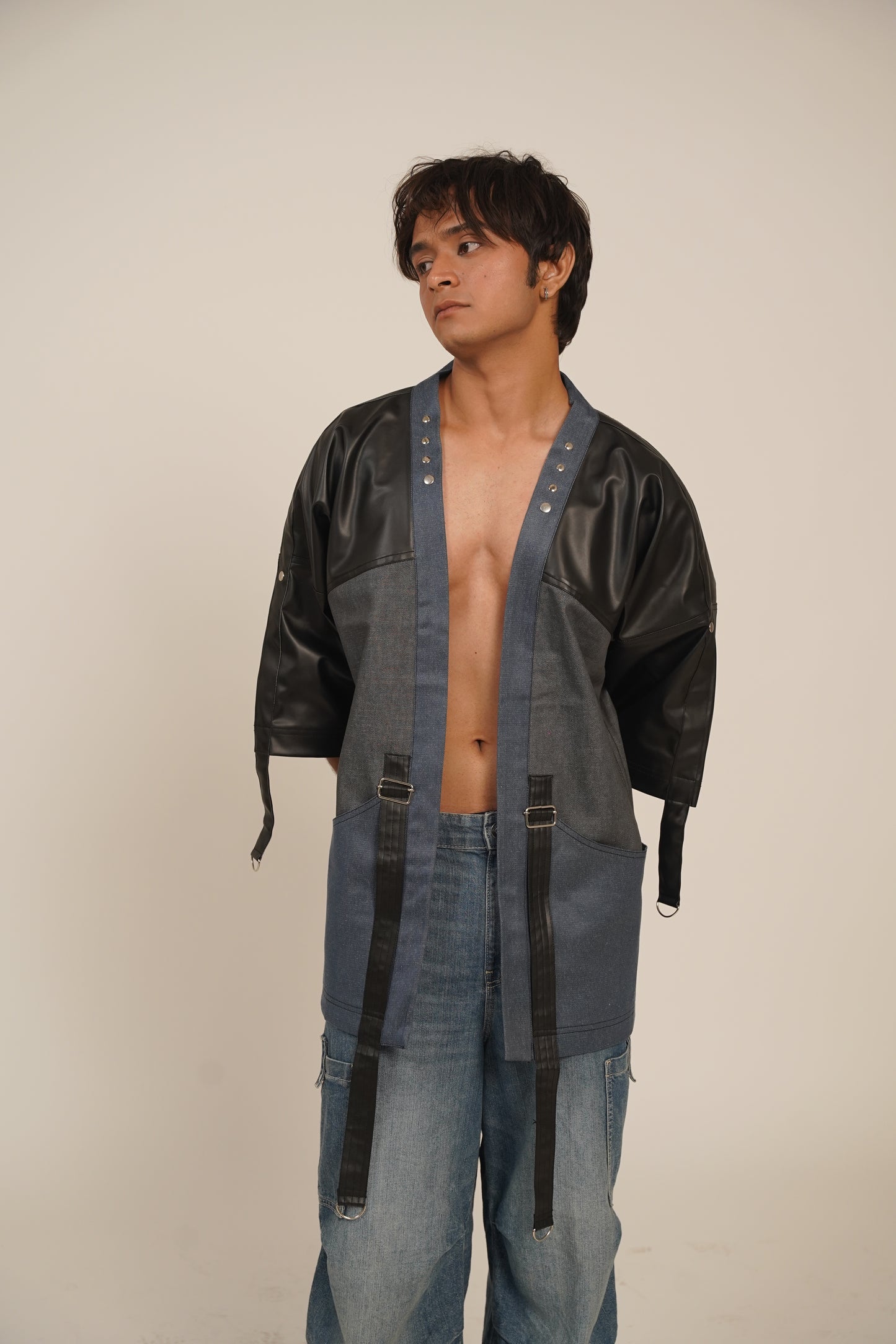 Shogun’s Armor Kimono Faux Leather Shirt-Jacket (Blue & Grey Denim)