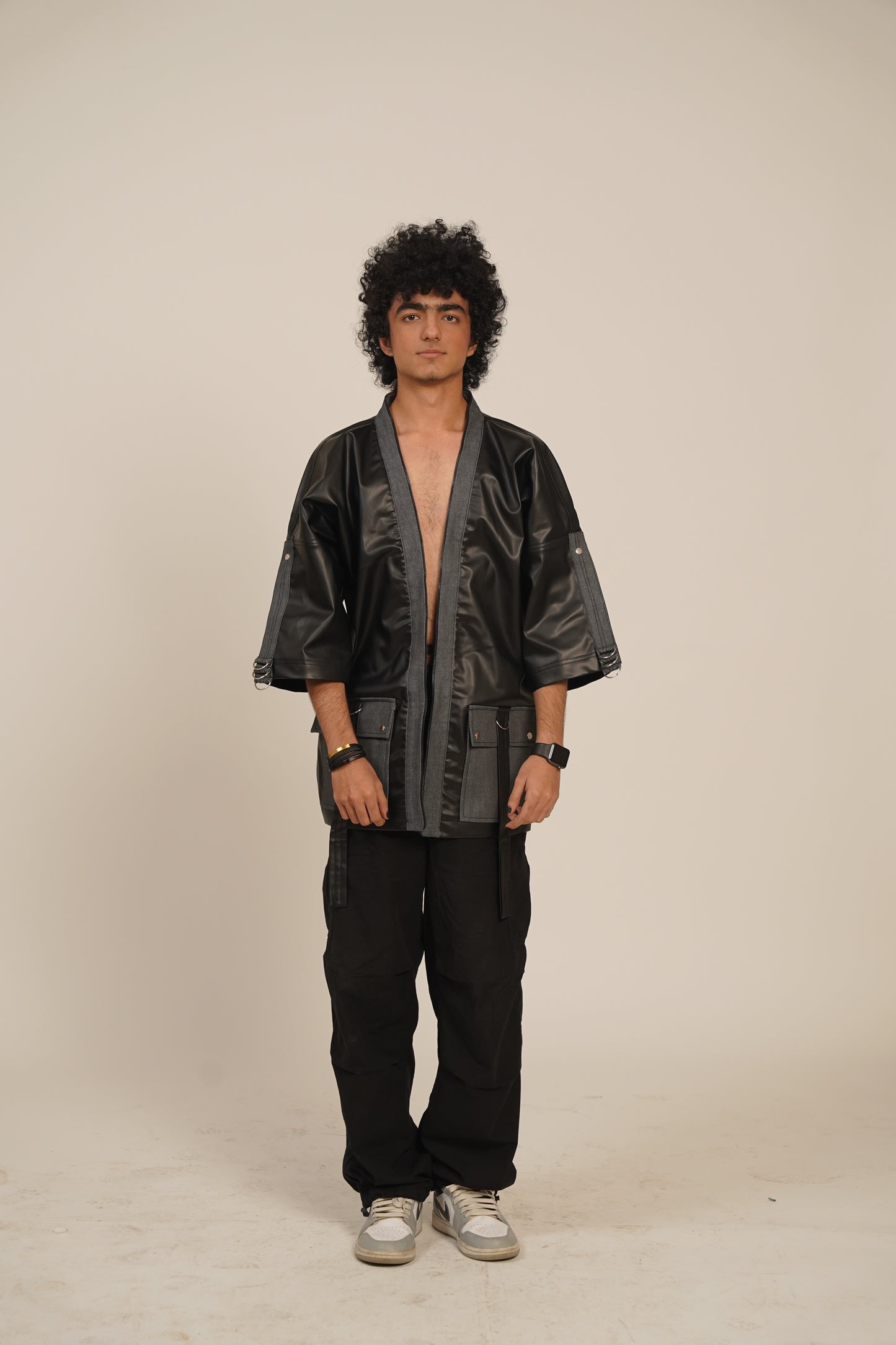 Shadow Clone Kimono Faux Leather Shirt-Jacket (Grey Denim)