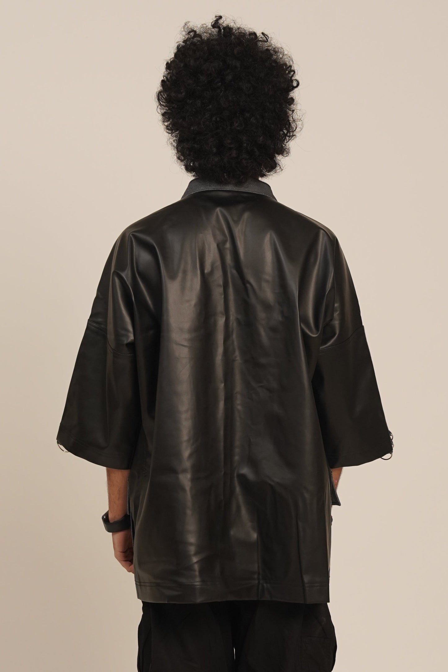 Shadow Clone Kimono Faux Leather Shirt-Jacket (Grey Denim)