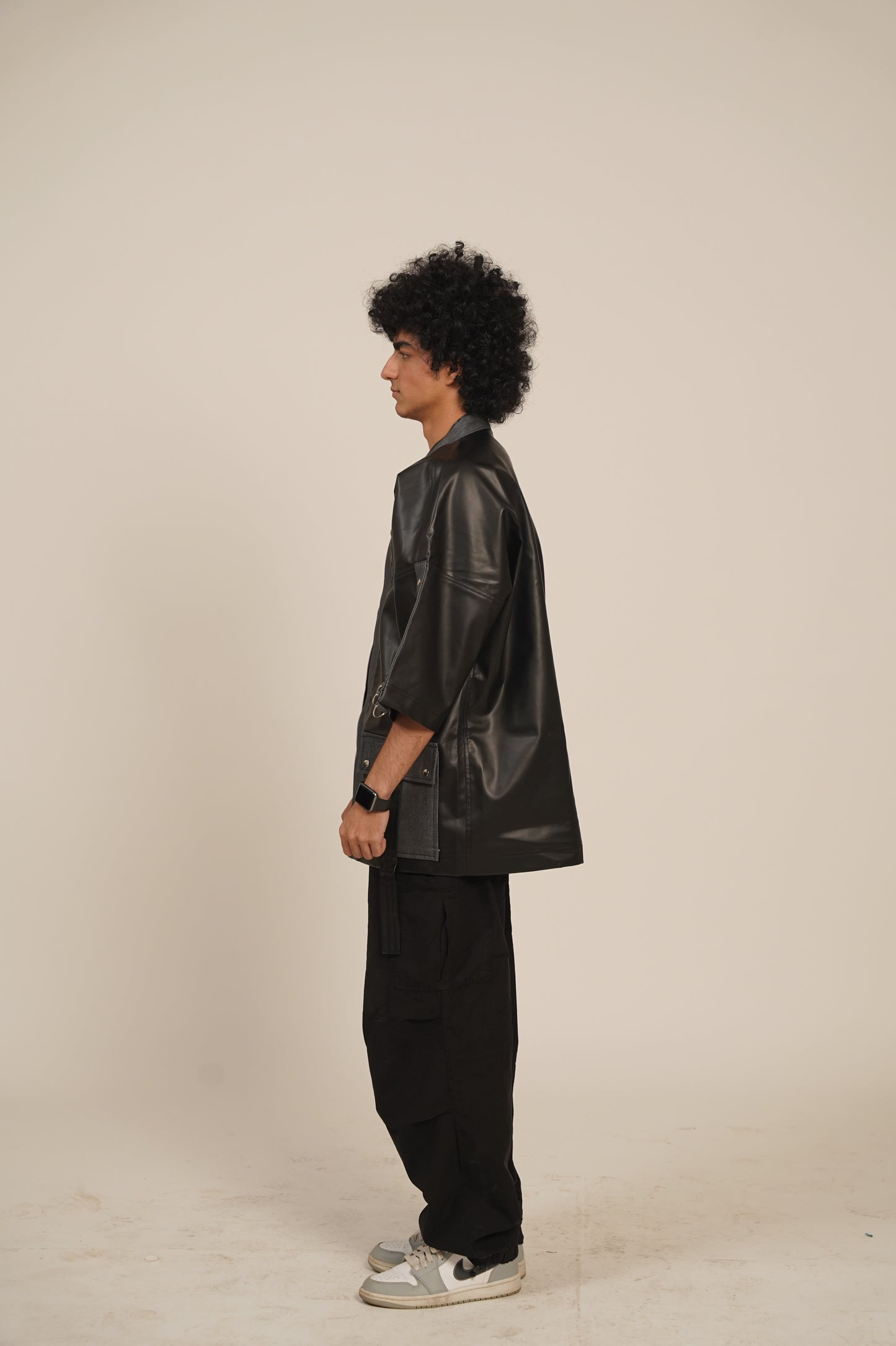 Shadow Clone Kimono Faux Leather Shirt-Jacket (Grey Denim)