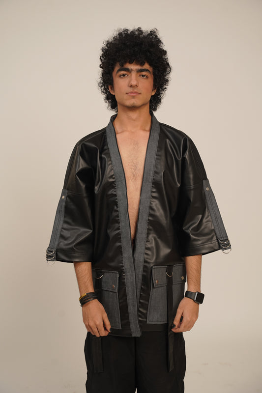 Shadow Clone Kimono Faux Leather Shirt-Jacket (Grey Denim)