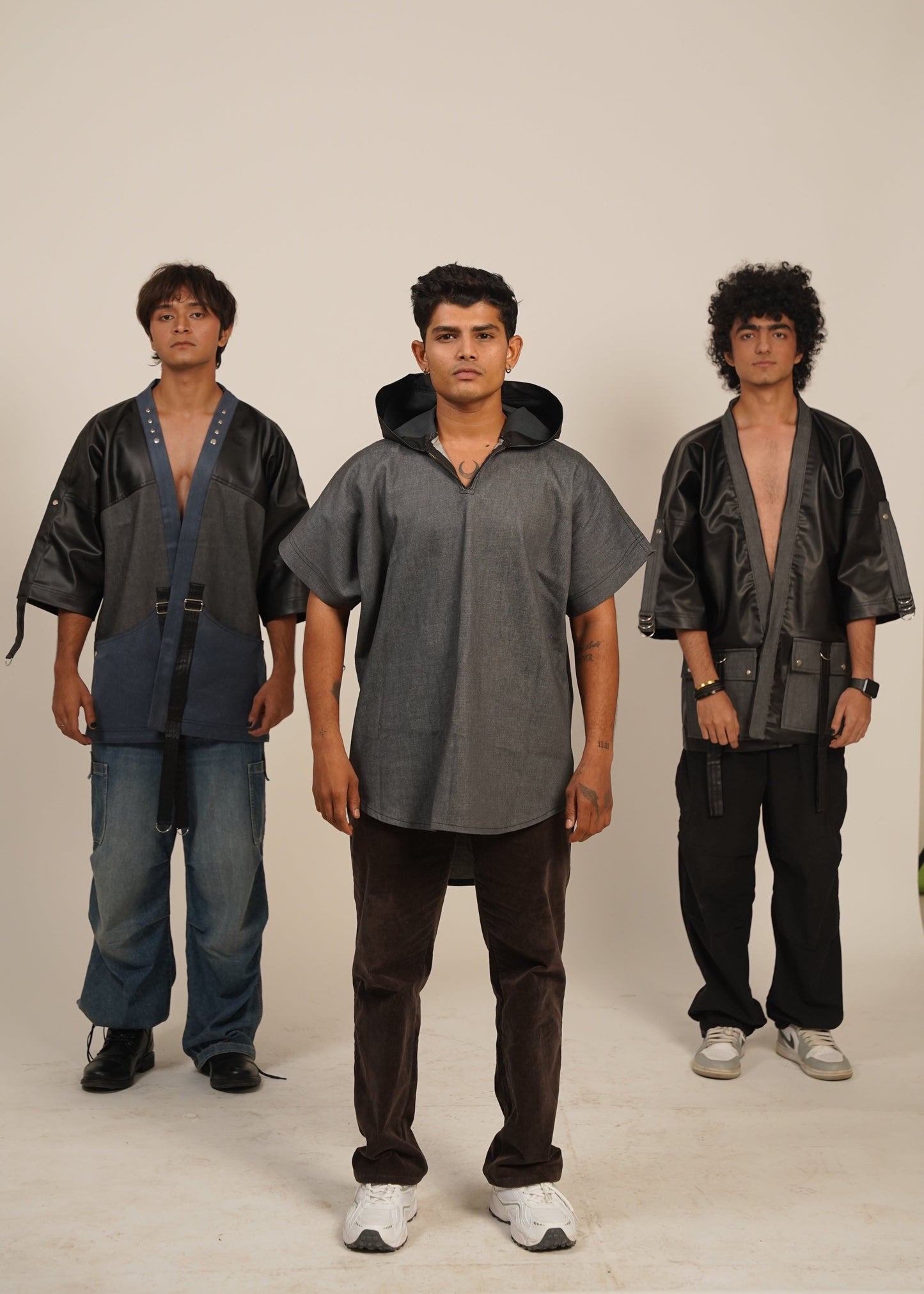 Shadow Clone Kimono Faux Leather Shirt-Jacket (Grey Denim)