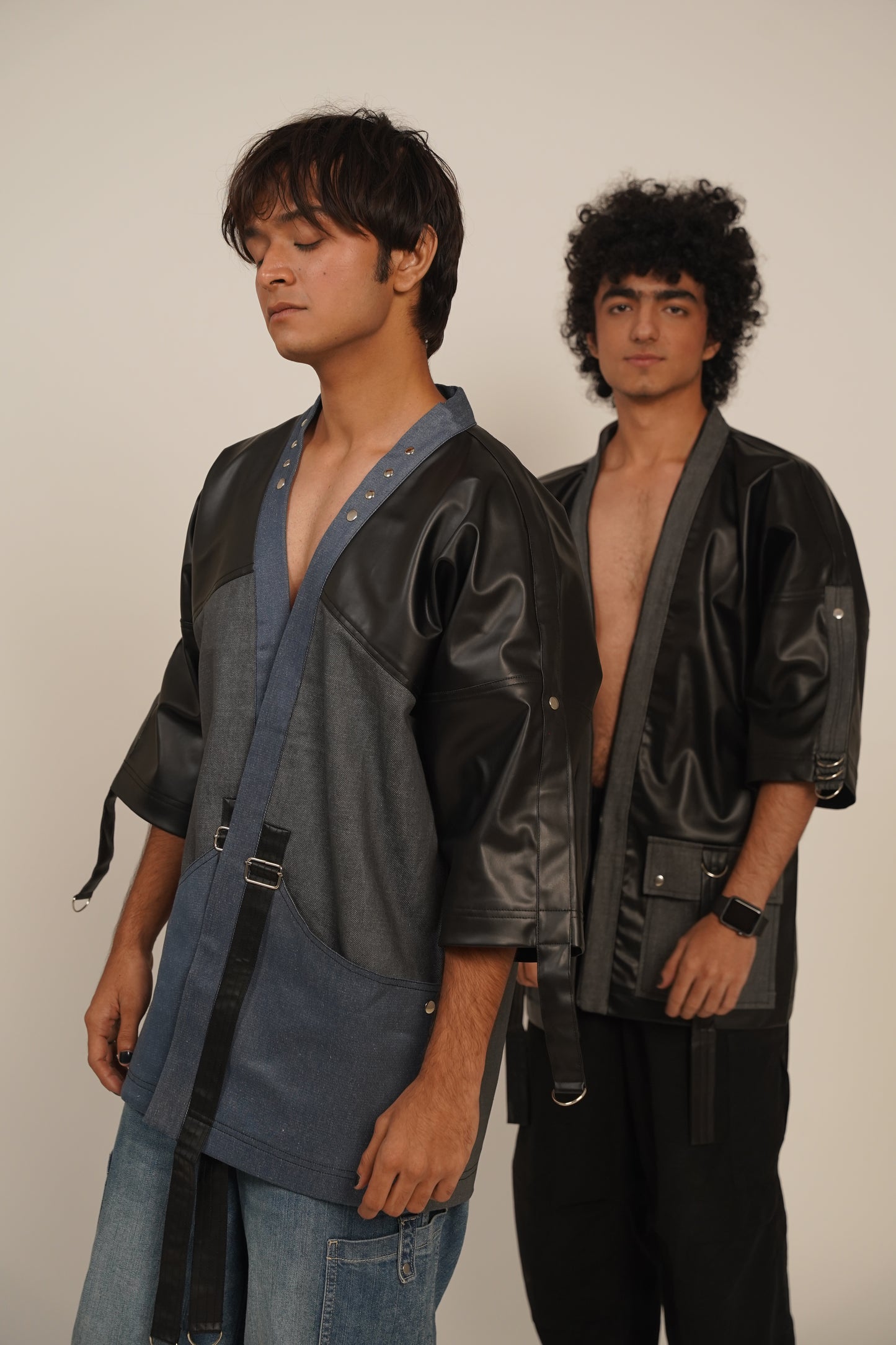 Shogun’s Armor Kimono Faux Leather Shirt-Jacket (Blue & Grey Denim)