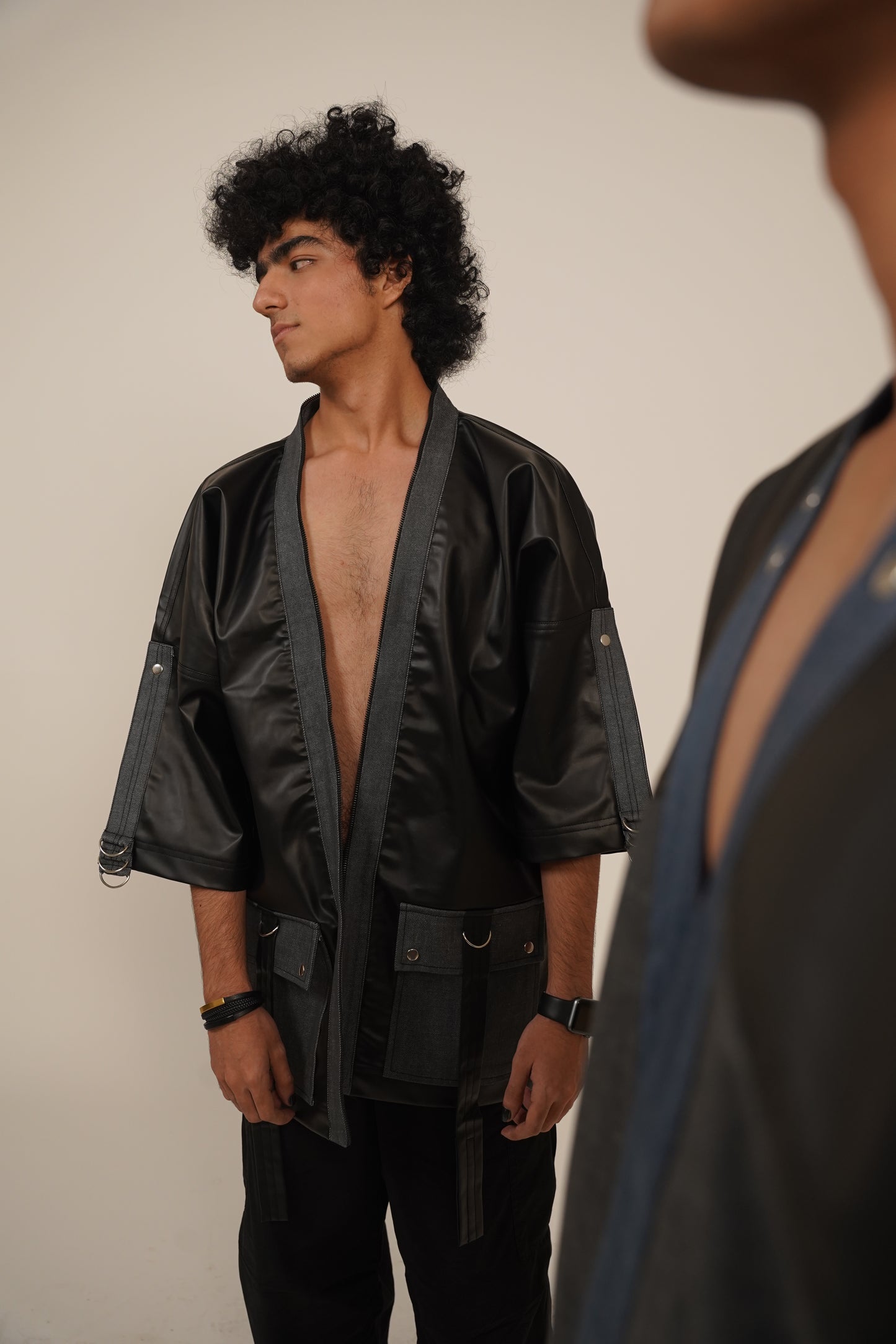 Shadow Clone Kimono Faux Leather Shirt-Jacket (Grey Denim)